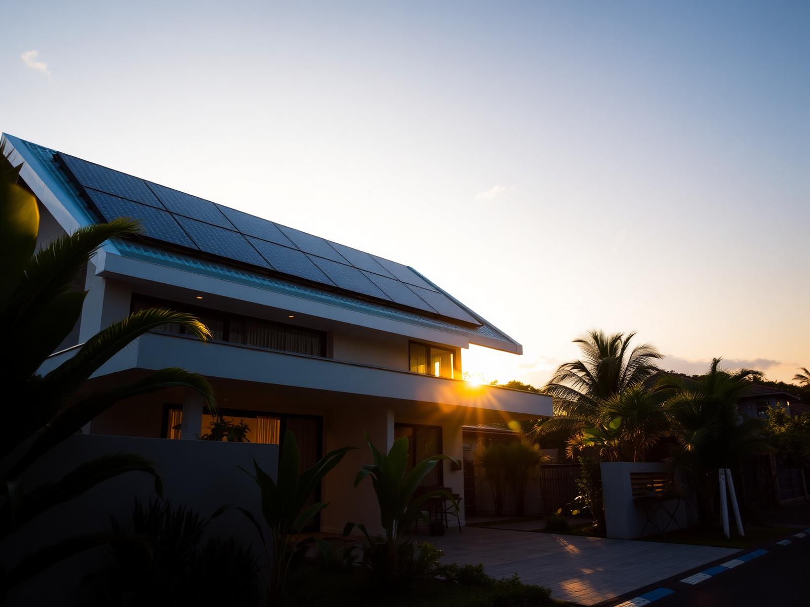A modern Filipino home with rooftop solar panels at golden hour